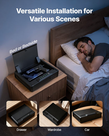 Vapenskåp, Robust vapenskåp med fingeravtryck/lösenord/nyckel, 3-vägs snabb åtkomst för vapen med belysning för 2 pistoler och 2 magasin, Pistolvapenlåda för nattduksbord, sängbord, bil