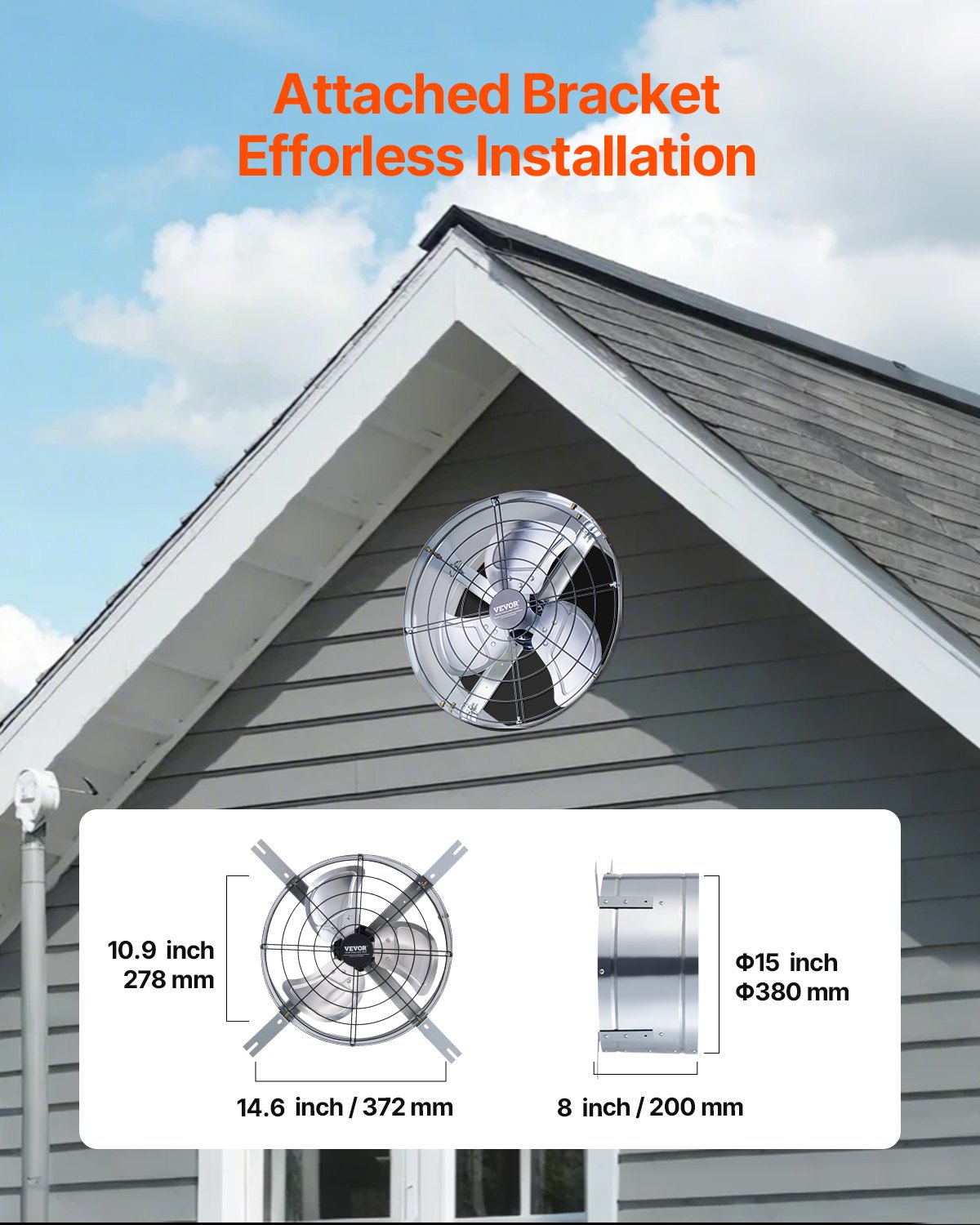 Gable Mount Fan, 15 Inch Attic Exhaust Fan with Adjustable Thermostat & Outer Mesh, 1300 CFM House Ventilator Cools Up to 1850 Sq.Ft, Quiet Ventilation for Roof, Garage & Shop, Galvanized Color