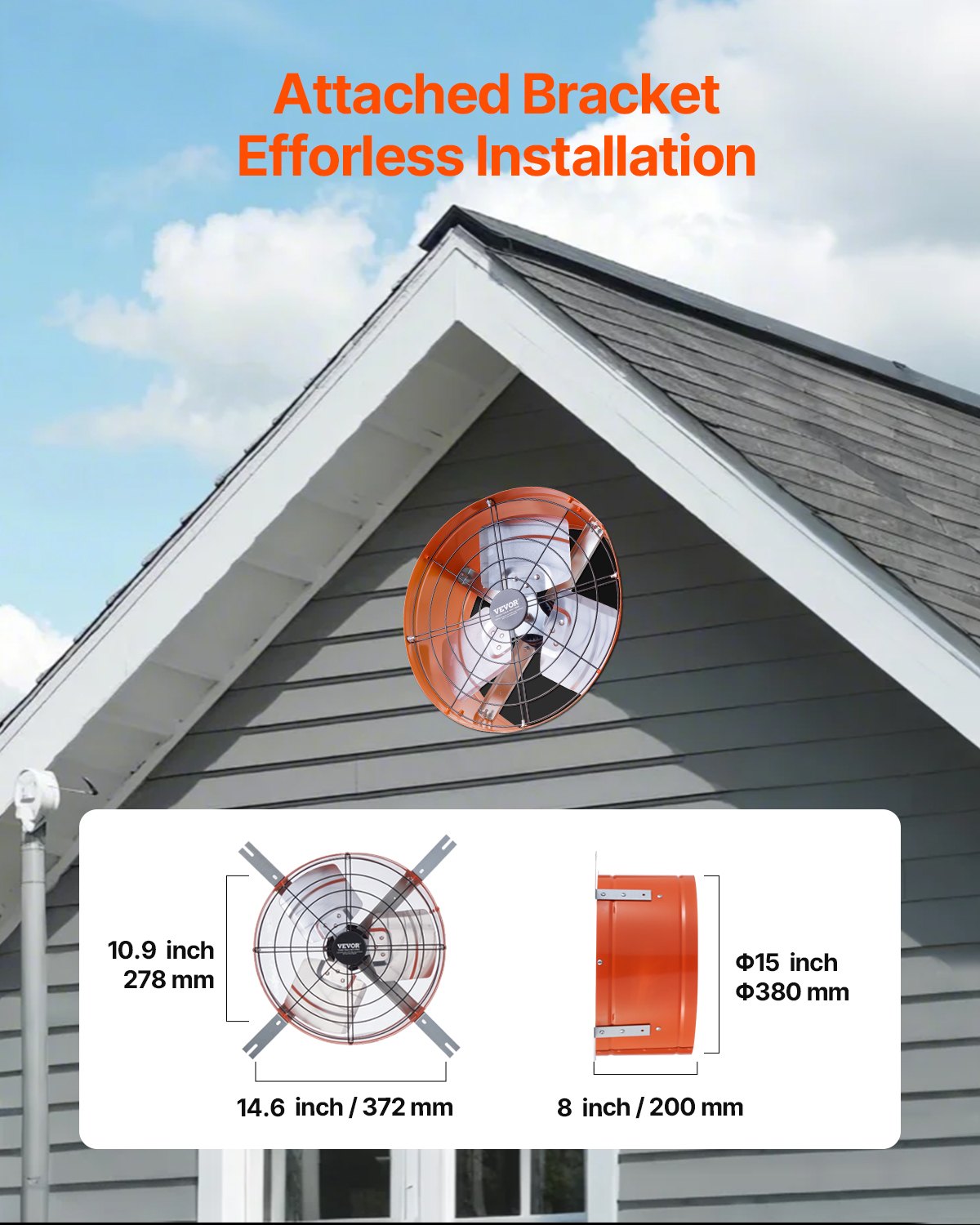 Gable Mount Fan, 15 Inch Attic Exhaust Fan with Adjustable Thermostat & Outer Mesh, 1650 CFM House Ventilator Cools Up to 2360 Sq.Ft, Quiet Ventilation for Roof, Garage & Shop, Vibrant Orange