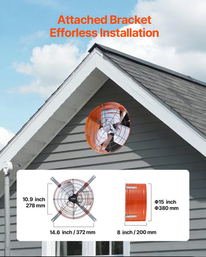 Gable Mount Fan, 15 Inch Attic Exhaust Fan with Adjustable Thermostat & Outer Mesh, 1650 CFM House Ventilator Cools Up to 2360 Sq.Ft, Quiet Ventilation for Roof, Garage & Shop, Vibrant Orange