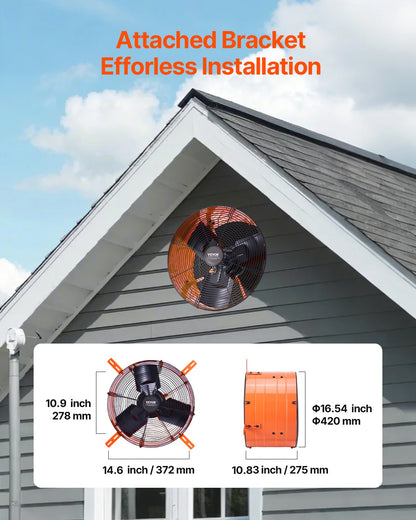 Gable Mount Fan, 16 Inch Attic Exhaust Fan with Adjustable Thermostat & Outer Mesh, 2940 CFM House Ventilator Cools Up to 4200 Sq.Ft, Quiet Ventilation for Roof, Garage & Shop, Vibrant Orange