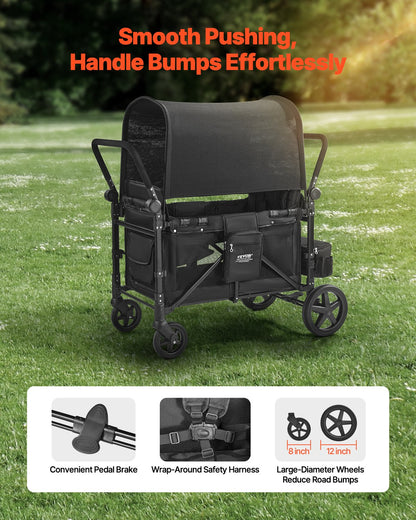 Wagon Stroller for 4 Kids, Push Pull Quad Collapsible Stroller with Adjustable Handle, 5-Point Safety Harness & Removable Canopy, 4-Seater Stroller Wagon for Camping, Black (330LBS Loading)