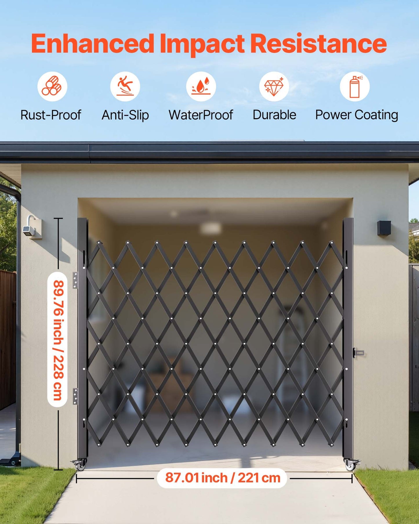 Enkel vikbar säkerhetsgrind, 198 cm H x 229 cm B Vikdörrgrind, Säkerhetsgrind i stål med dragspel, Flexibel expanderande säkerhetsgrind, 360° rullande barrikadgrind, Saxgrind/dörr med hänglås