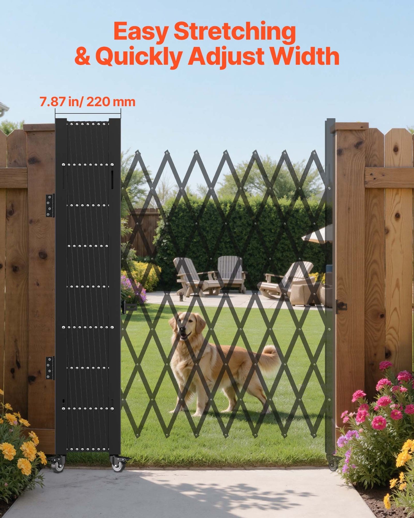 Enkel vikbar säkerhetsgrind, 198 cm H x 229 cm B Vikdörrgrind, Säkerhetsgrind i stål med dragspel, Flexibel expanderande säkerhetsgrind, 360° rullande barrikadgrind, Saxgrind/dörr med hänglås