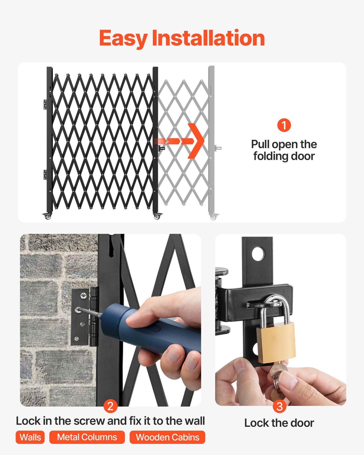 Enkel vikbar säkerhetsgrind, 198 cm H x 229 cm B Vikdörrgrind, Säkerhetsgrind i stål med dragspel, Flexibel expanderande säkerhetsgrind, 360° rullande barrikadgrind, Saxgrind/dörr med hänglås