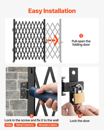 Enkel vikbar säkerhetsgrind, 198 cm H x 229 cm B Vikdörrgrind, Säkerhetsgrind i stål med dragspel, Flexibel expanderande säkerhetsgrind, 360° rullande barrikadgrind, Saxgrind/dörr med hänglås