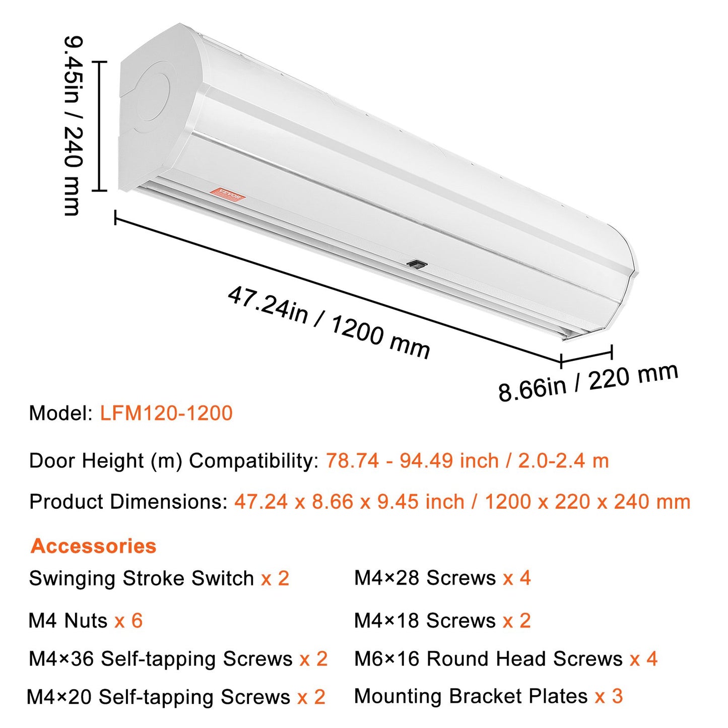 1.2m Commercial Indoor Air Curtain Super Power 2 Speeds 2038m³/h, UL Certified Wall Mounted Air Curtains for Doors, Indoor Over Door Fan with Heavy Duty Limit Switch, Easy-Install Unheated