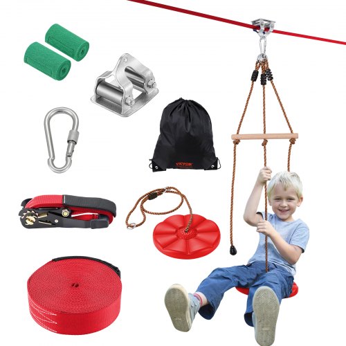 Zipline-kit för barn och vuxna, 65 fots zipline-kit upp till 500 lb, snabb uppsättning av zipline för bakgård och utomhusbruk, lekplatsunderhållning med zipline, säkerhetssele i nylon, säte och styr