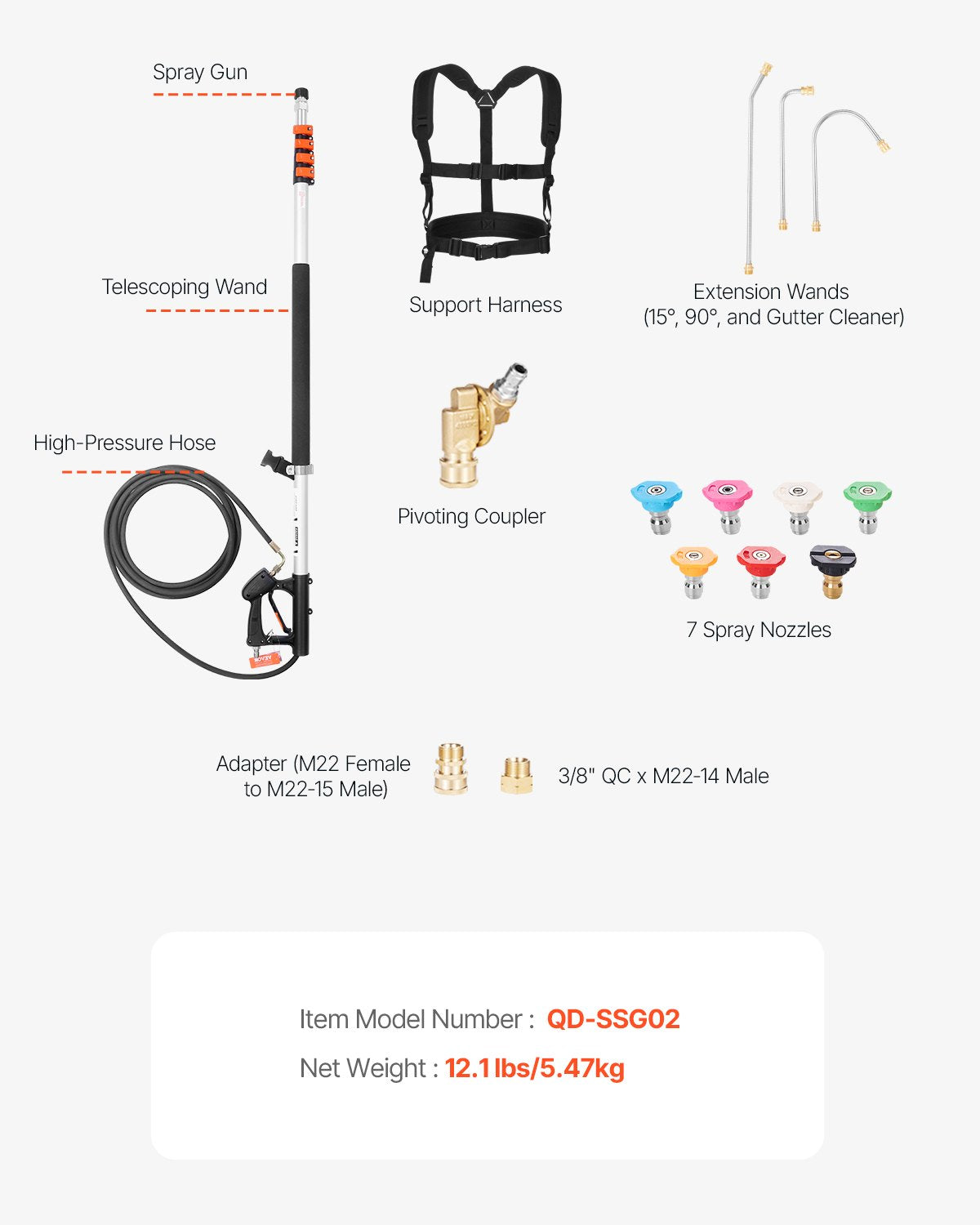 Teleskopisk sprutstav för högtryckstvätt, 7,2 m, 4000 psi, teleskopisk sprutstav med förlängningsrör för högtryckstvätt, hängrännrengörare, svängbar koppling, 7 sprutmunstycken och justerbar stödsele