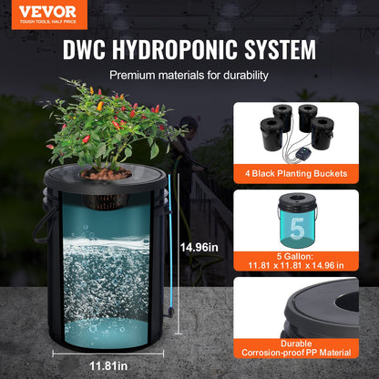 DWC Hydroponics Grow System, Hydroponic Growing System, Deep Water Culture 5-Gallon 4 Buckets, DWC System with Air Pump, Air Stones and Water Level Device for Leafy Vegetables