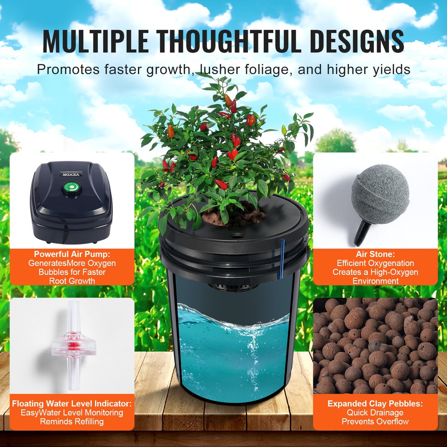 DWC Hydroponics Grow System, Hydroponic Growing System, Deep Water Culture 5-Gallon 4 Buckets, DWC System with Air Pump, Air Stones and Water Level Device for Leafy Vegetables