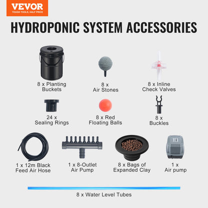 DWC Hydroponics Grow System, Hydroponic Growing System, Deep Water Culture 5-Gallon 8 Buckets, DWC System with Air Pump, Air Stones and Water Level Device for Leafy Vegetables