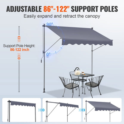Manual Retractable Awning, 118" Outdoor Retractable Patio Awning Sunshade Shelter, Adjustable Patio Door Window Awning Canopy with 39" Sun Shade Curtain for Backyard, Garden, Balcony