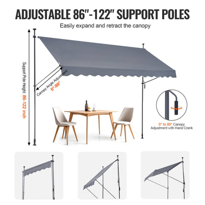 138 x 47" Patio Awning Retractable, Awning Sunshade Shelter with Manual Crank Handle, Outdoor Patio Canopy Sunsetter Deck, Adjustable Height from 86 to 122 in, for Patio/Balcony/Yard, Dark Gray