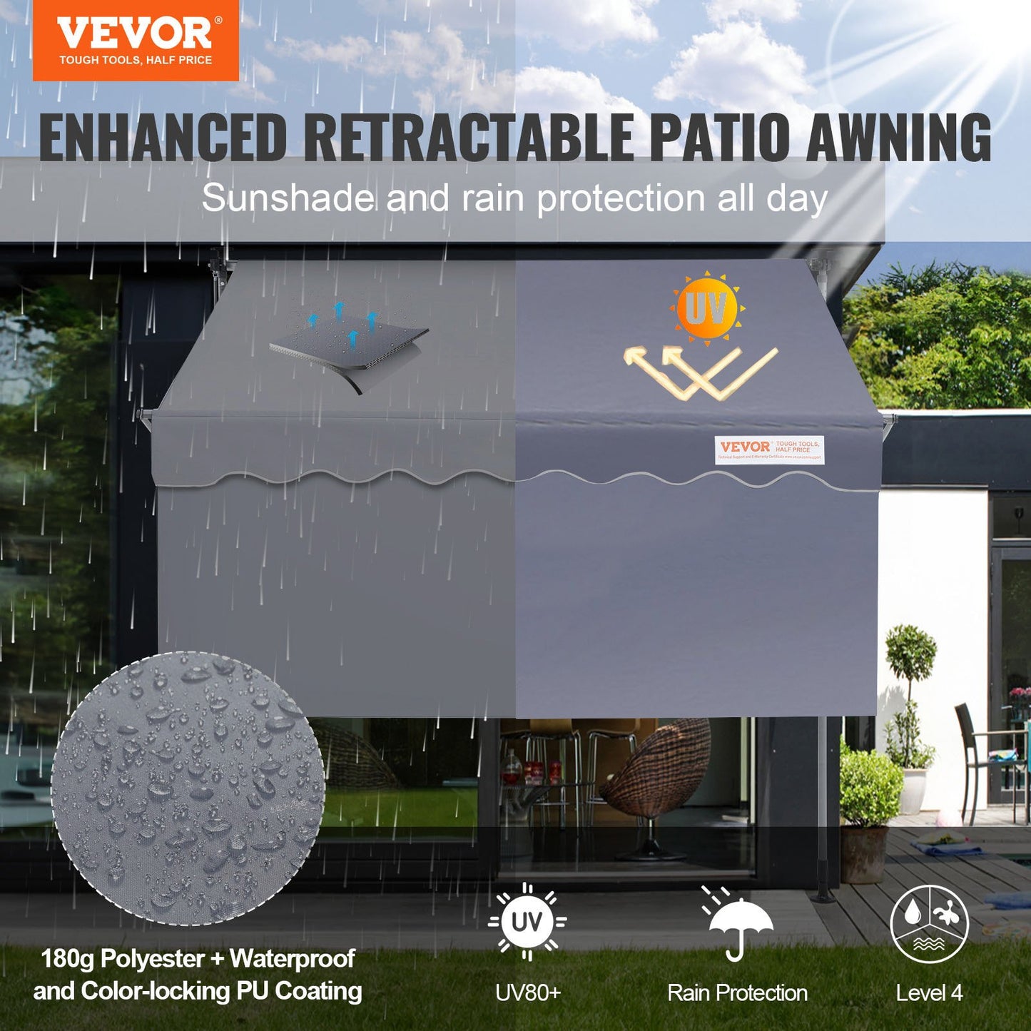 Manual Retractable Awning, 78" Outdoor Retractable Patio Awning Sunshade Shelter, Adjustable Patio Door Window Awning Canopy with 39" Sun Shade Curtain for Backyard, Garden, Balcony