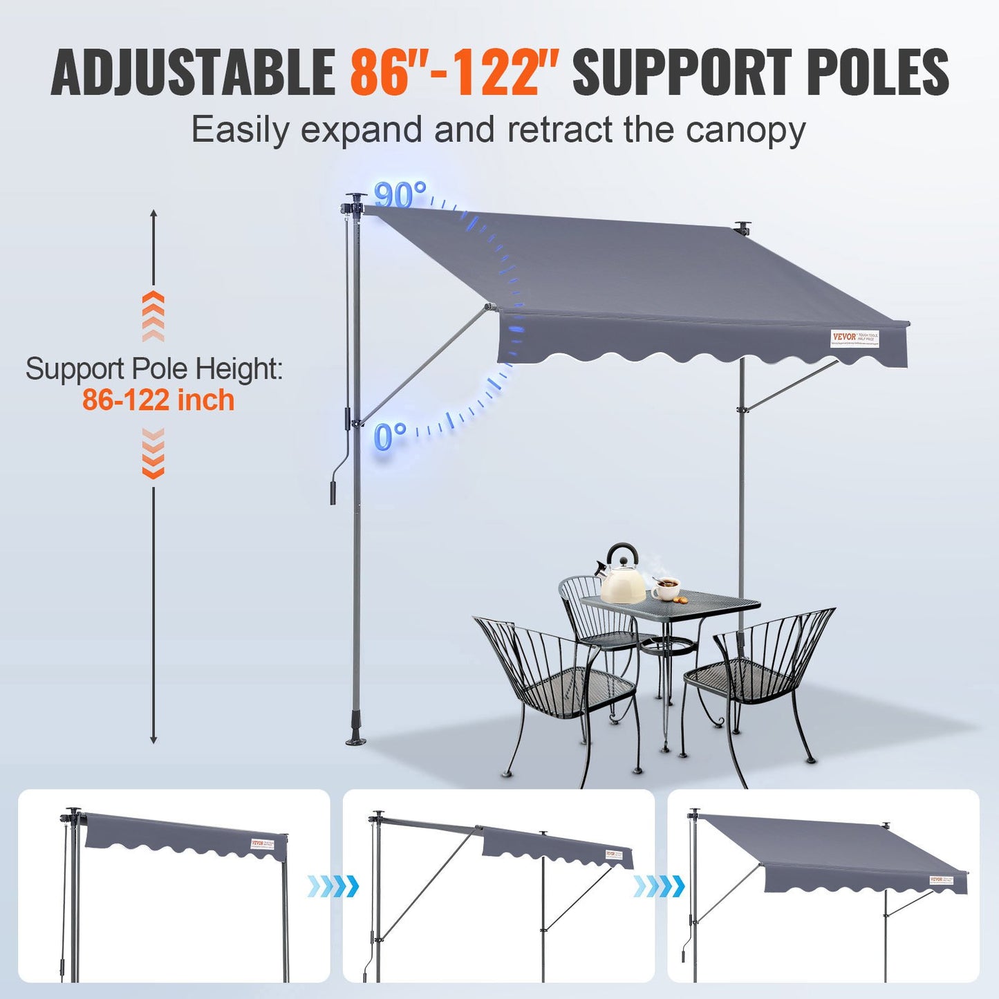 Manual Retractable Awning, 78" Outdoor Retractable Patio Awning Sunshade Shelter, Adjustable Patio Door Window Awning Canopy with 39" Sun Shade Curtain for Backyard, Garden, Balcony