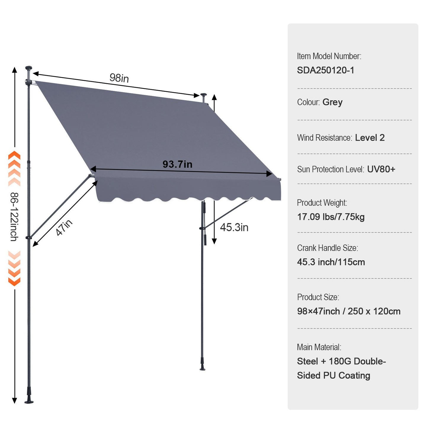 98 x 47" Patio Awning Retractable, Awning Sunshade Shelter with Manual Crank Handle, Outdoor Patio Canopy Sunsetter Deck, Adjustable Height from 86 to 122 in, for Patio/Balcony/Yard, Dark Gray