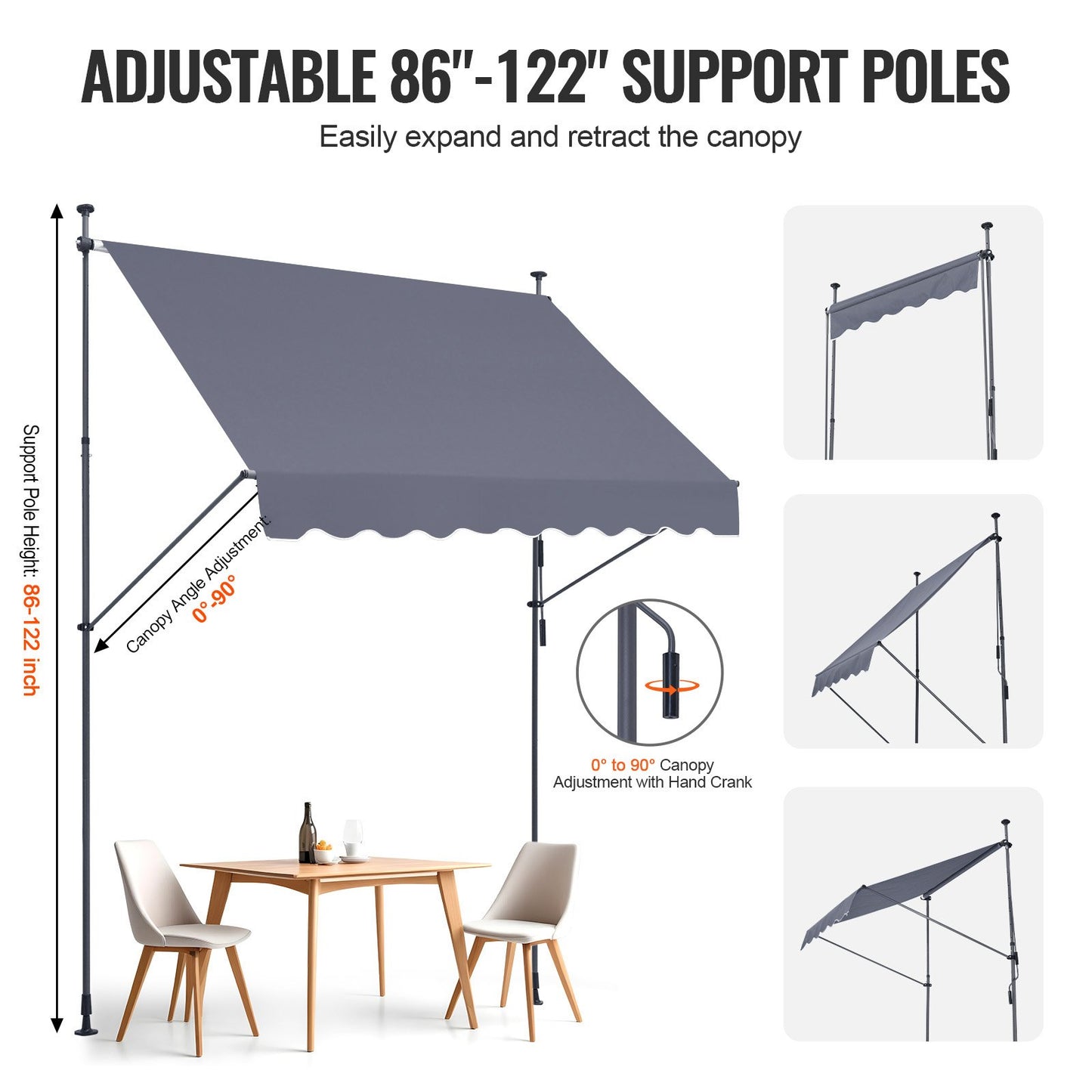 98 x 47" Patio Awning Retractable, Awning Sunshade Shelter with Manual Crank Handle, Outdoor Patio Canopy Sunsetter Deck, Adjustable Height from 86 to 122 in, for Patio/Balcony/Yard, Dark Gray