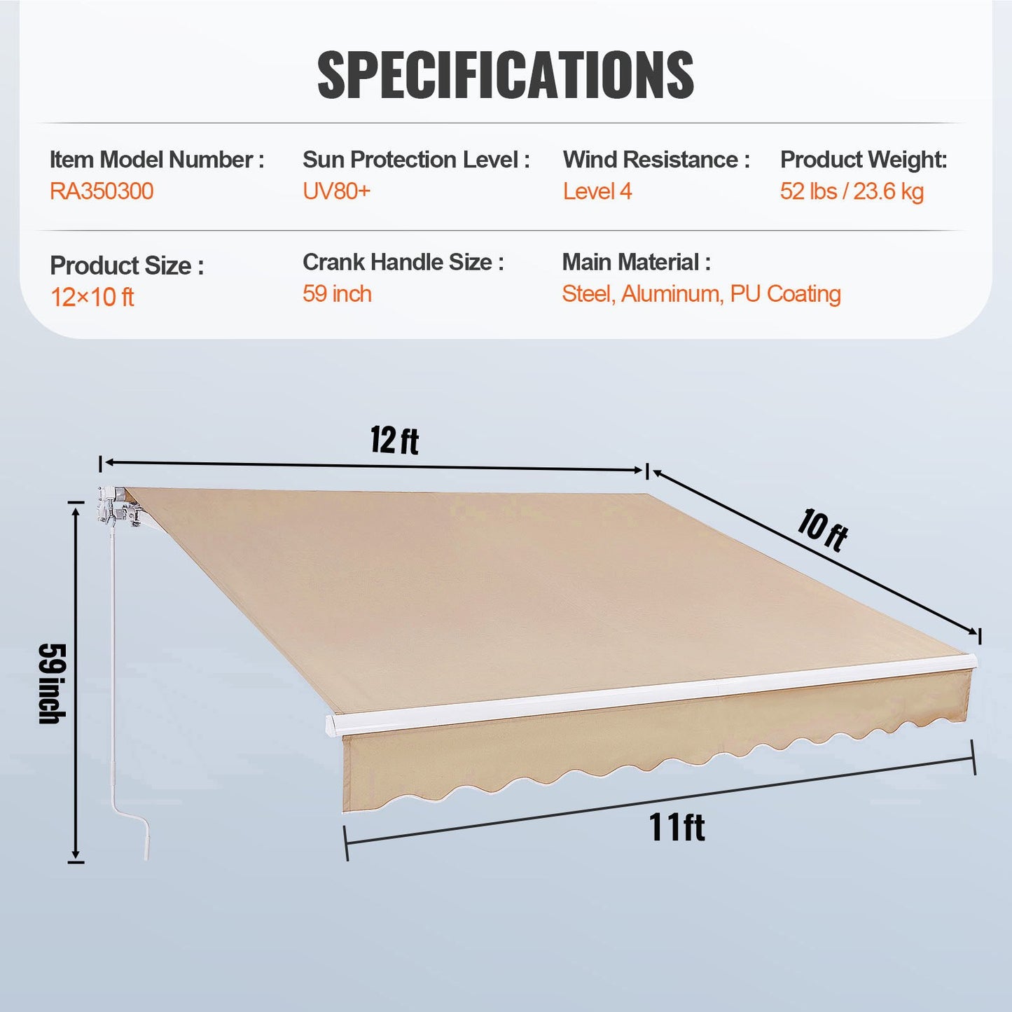 Manuell infällbar markis, 12 x 10 fot utomhusmarkis infällbar solskydd, vattentålig polyester altandörrfönstermarkis solskydd med vev för bakgård, balkong