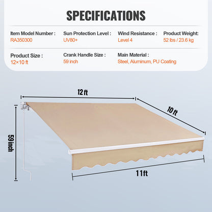 Manuell infällbar markis, 12 x 10 fot utomhusmarkis infällbar solskydd, vattentålig polyester altandörrfönstermarkis solskydd med vev för bakgård, balkong