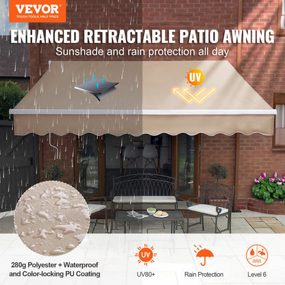 Manual Retractable Awning, 10 x 8 ft Outdoor Patio Awning Retractable Sun Shade, Water-Resistant Polyester Patio Door Window Awning Sunshade Shelter with Crank Handle for Backyard, Balcony