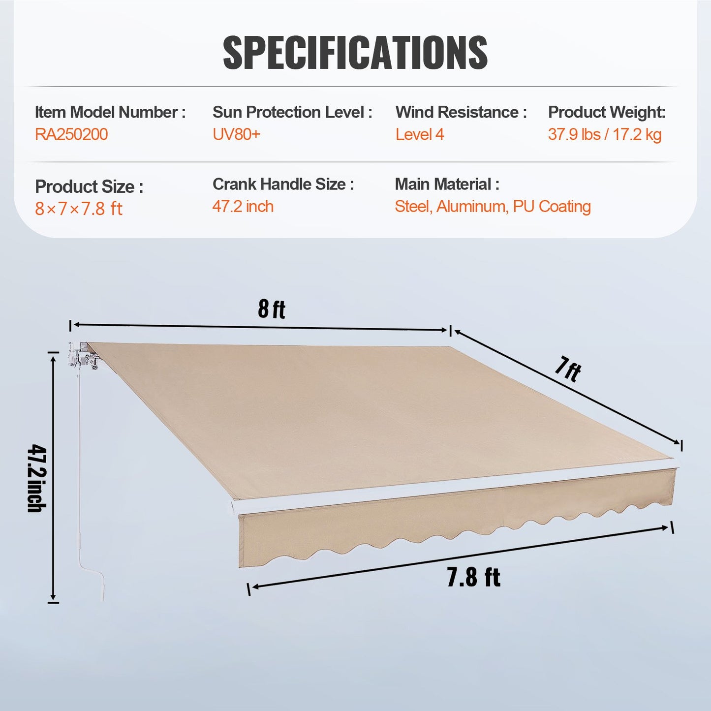 Manuell infällbar markis, 8 x 7 fot utomhusmarkis infällbar solskydd, vattentålig polyester altandörrfönstermarkis solskydd med vev för bakgård, balkong
