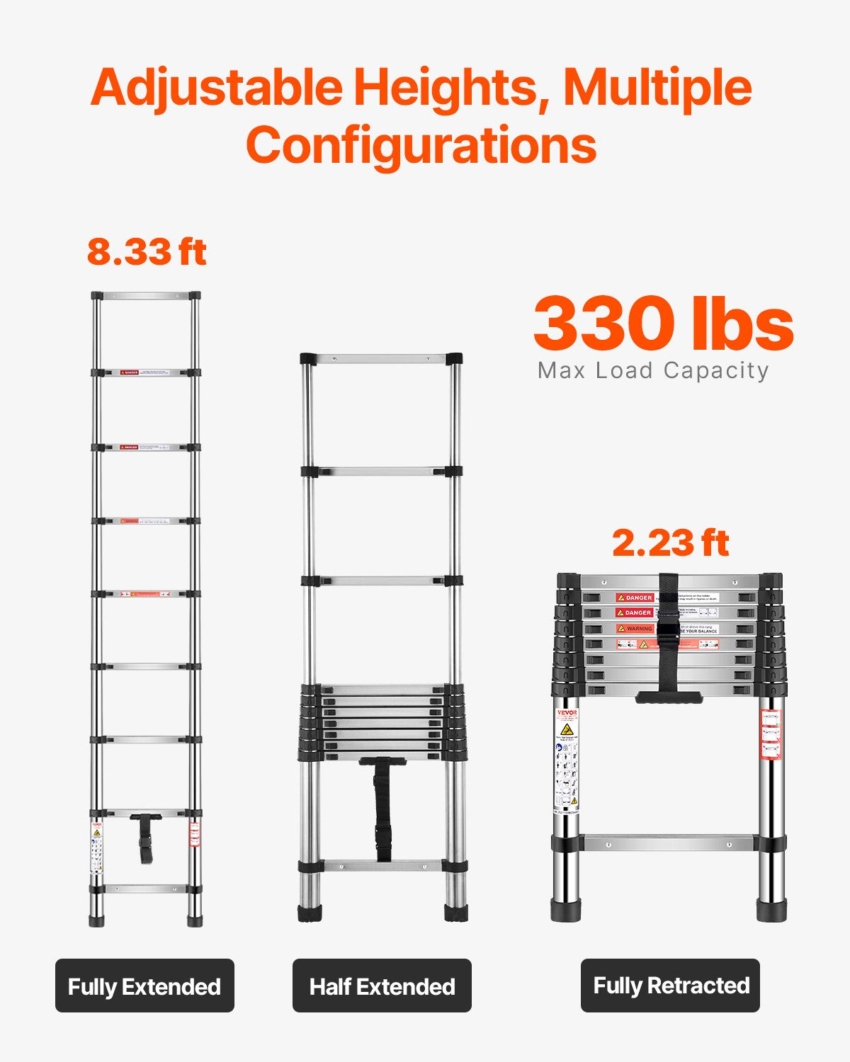 Telescoping Ladder, 2540mm Stainless Steel Lightweight Extension Ladder, Multi-Button Retraction Collapsible Ladders, 150 kg Capacity & Non-Slip Feet, Portable 9-Step Ladders for Home RV Loft