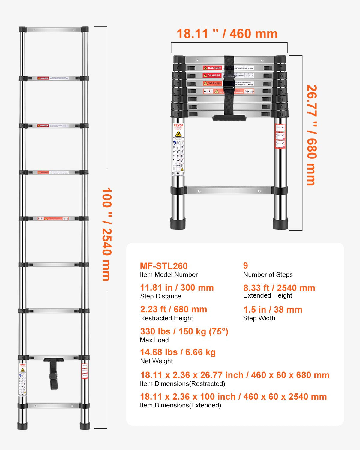 Telescoping Ladder, 2540mm Stainless Steel Lightweight Extension Ladder, Multi-Button Retraction Collapsible Ladders, 150 kg Capacity & Non-Slip Feet, Portable 9-Step Ladders for Home RV Loft