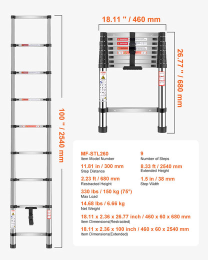 Telescoping Ladder, 2540mm Stainless Steel Lightweight Extension Ladder, Multi-Button Retraction Collapsible Ladders, 150 kg Capacity & Non-Slip Feet, Portable 9-Step Ladders for Home RV Loft