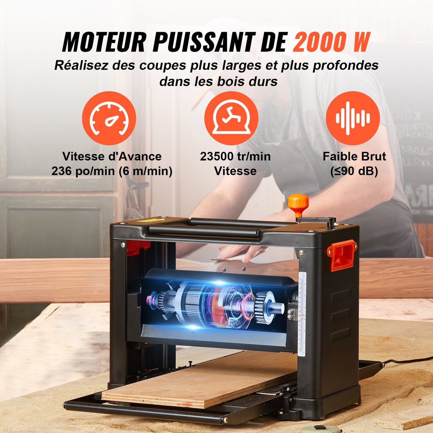 Thickness Planer, Two Speed, 33 cm Width Worktable Benchtop Planer, Three-Blade, 15-Amp 2000W Powerful Motor, 30.5 cm Extended Infeeding Table, Low Noise for both hard & soft wood material removal