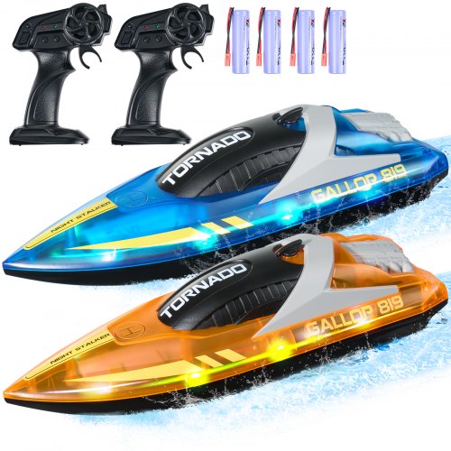 RC Boat, 2 Pack 2.4GHz 12 km/h, Remote Control Boat for Pools & Lakes, Racing Boat with LED Light, 4 Rechargeable Batteries, Whole Body Waterproof, Gift for Adults Boys & Girls, Blue & Orange