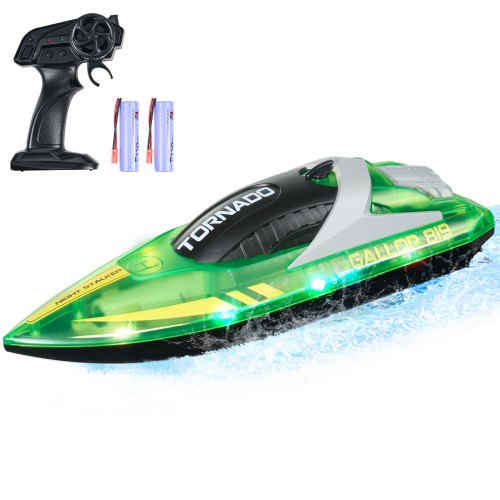 RC Boat, 2.4GHz 12 km/h, Remote Control Boat for Pools & Lakes, Racing Boat with LED Light, 2 Rechargeable Batteries, Whole Body Waterproof, Water Play Toy Gift for Adults Boys & Girls, Green