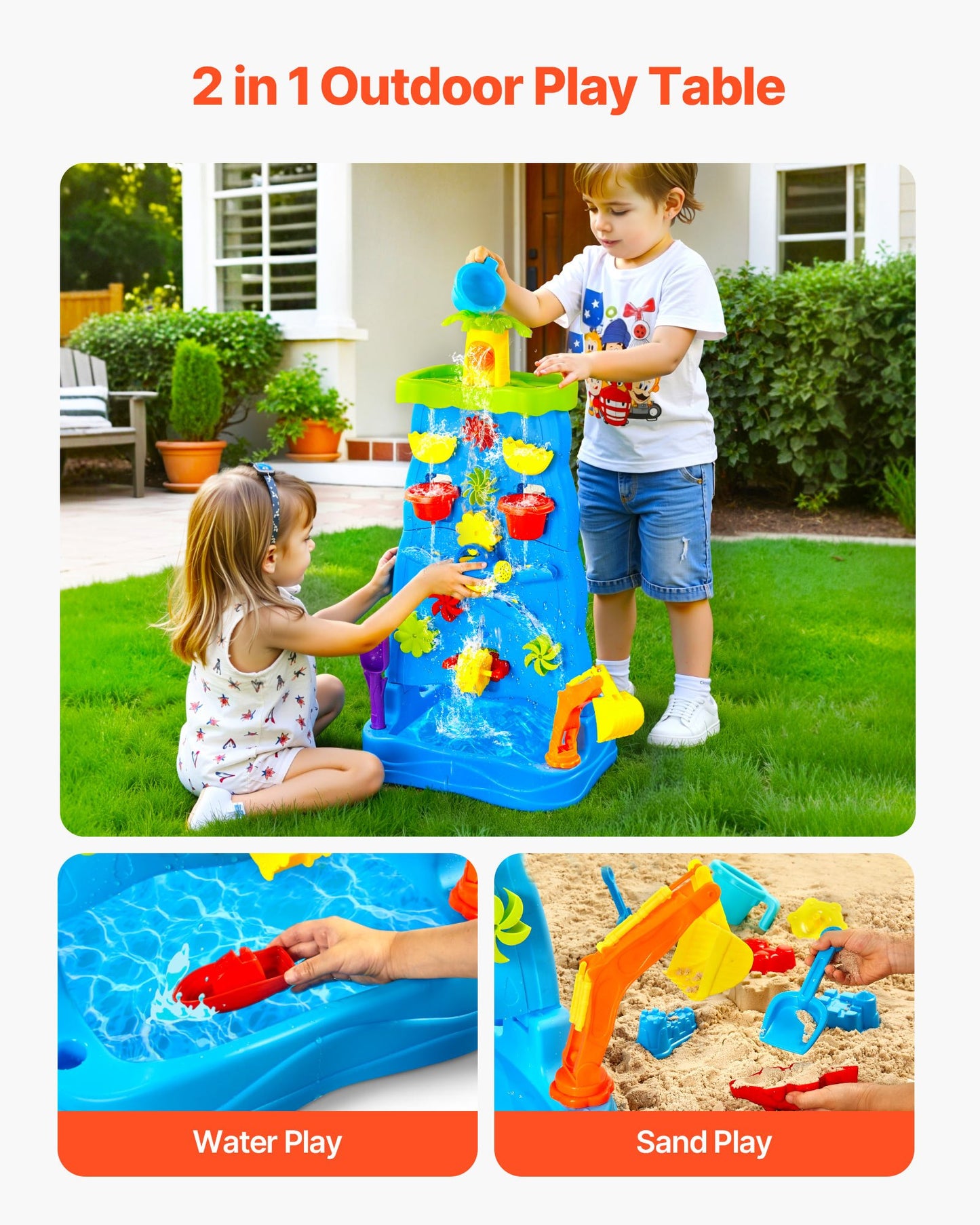 Sand and Water Table for Toddlers, Double-Sided Kids Activity Waterfall Playset with 37PCS Accessories, Kids Activity Sensory Table, Outdoor Summer Sand Water Play Table for 3+ Years Boys Girls