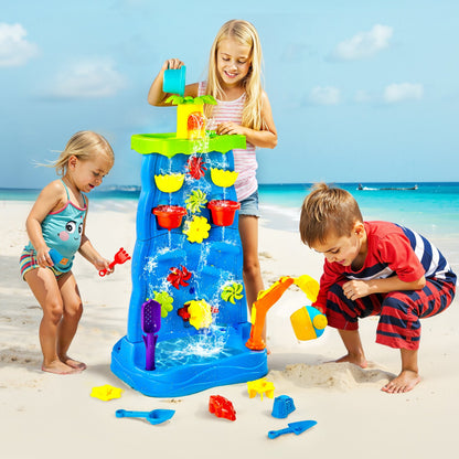 Sand and Water Table for Toddlers, Double-Sided Kids Activity Waterfall Playset with 37PCS Accessories, Kids Activity Sensory Table, Outdoor Summer Sand Water Play Table for 3+ Years Boys Girls