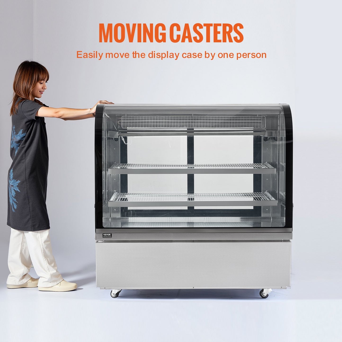 Refrigerated Display Case, 18 Cu.Ft./505L Large Pastry Display Case, 2-Tier Commercial Display Refrigerator with LED Lighting, Downdraft Cooling, Movable with Casters, for Bakery