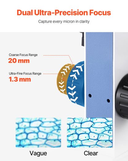 Kikarmikroskop för vuxna, professionellt sammansatt mikroskopkit med 40-5000X förstoring, dubbelsteg och två uppsättningar okular, hus i aluminiumlegering, inkluderar LED-lampa och telefonhållare