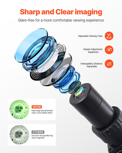 Kikarmikroskop för vuxna, professionellt sammansatt mikroskopkit med 40-5000X förstoring, dubbelsteg och två uppsättningar okular, hus i aluminiumlegering, inkluderar LED-lampa och telefonhållare