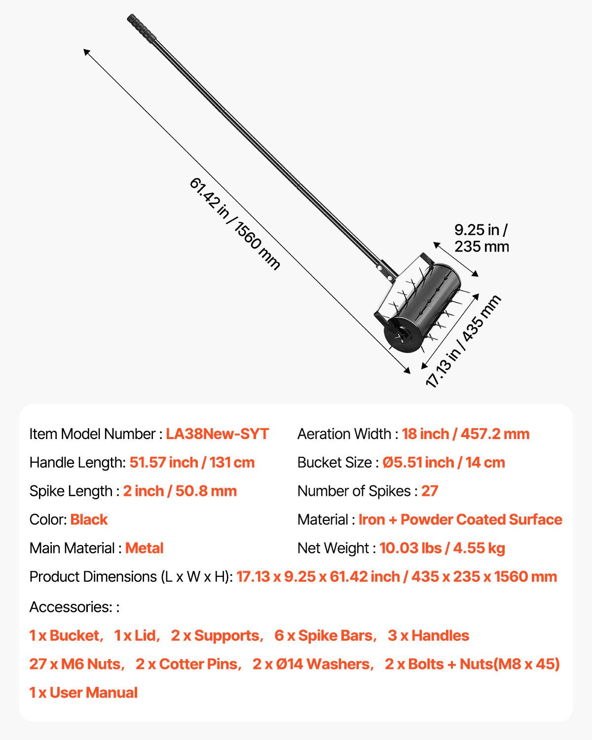 Rolling Lawn Aerator, 18-inch Heavy-Duty Manual Rolling Aerator Lawn with Detachable Handle and 27 Iron Spikes, Rolling Lawn Aeration Tool for Garden Patio Yard Compacted Soils and Lawns, Black