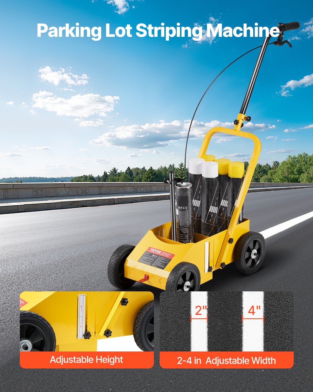Striping Line Marking Machine, 610 x 330 x 900 mm, 4-Wheel, Heavy Duty Striping Line Machine with 56-102 mm Adjustable Width, Make Clear Edge Line for Roads, Parking Lots, Sports Field, Yellow