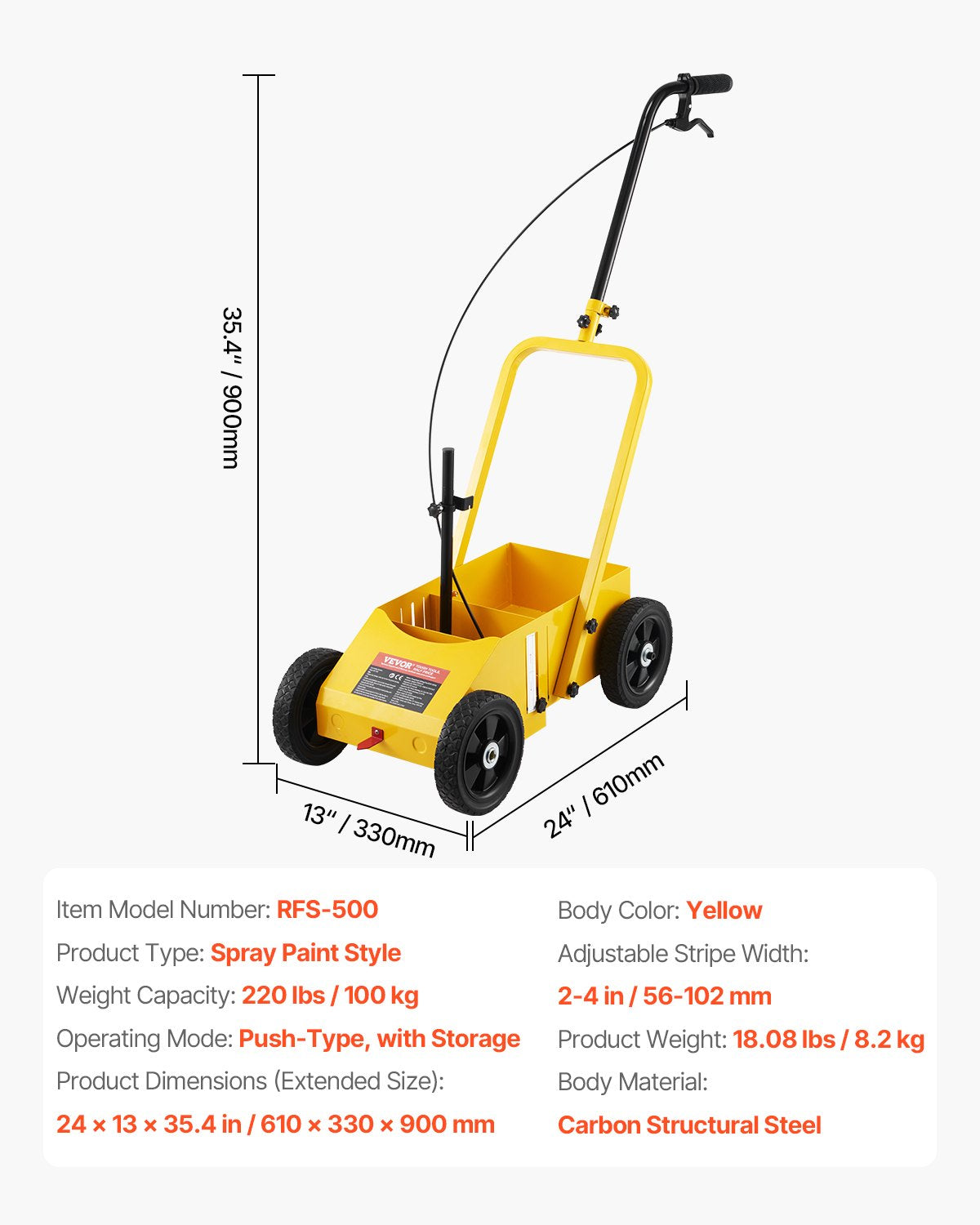 Striping Line Marking Machine, 610 x 330 x 900 mm, 4-Wheel, Heavy Duty Striping Line Machine with 56-102 mm Adjustable Width, Make Clear Edge Line for Roads, Parking Lots, Sports Field, Yellow