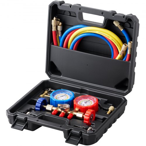 3-vägs AC-diagnostikmanifoldmätare passar för R134A, R22, R12, R502 köldmedium, AC-mätare med 152 cm slangar, kopplingar, burkkoppling för bilens AC-system, underhåll av bilens luftkonditionering