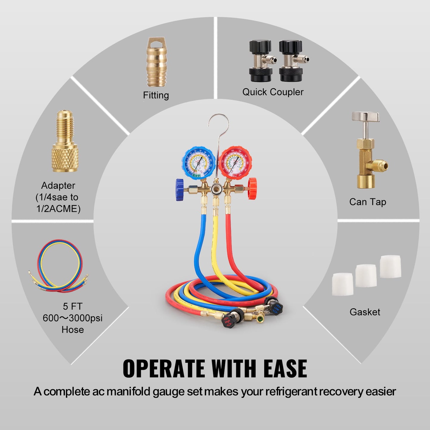 3-vägs AC-diagnostikmanifoldmätare passar för R134A, R22, R12, R502 köldmedium, AC-mätare med 152 cm slangar, kopplingar, burkkoppling för bilens AC-system, underhåll av bilens luftkonditionering