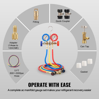 3-vägs AC-diagnostikmanifoldmätare passar för R134A, R22, R12, R502 köldmedium, AC-mätare med 152 cm slangar, kopplingar, burkkoppling för bilens AC-system, underhåll av bilens luftkonditionering