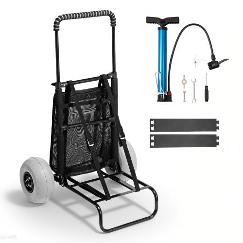 Strandvagn med stora hjul för sand, lastdäck 51 x 34 cm, med 23 cm ballonghjul, hopfällbar sandvagn med en lastkapacitet på 74 kg och justerbar höjd på 64 till 112 cm, kraftig strandvagn