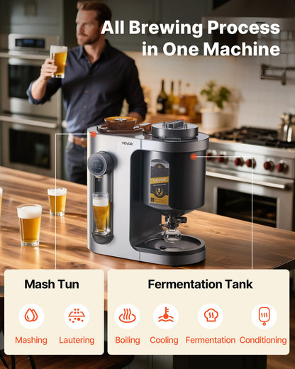 Automatic Home Beer Brewer, 13L All-in-One Home Brew Machine, 1500W Power Electric Beer Brewing Machine with Mash Boil Device, 304 Stainless Steel Inner Tank, Auto Temp & Pressure Control
