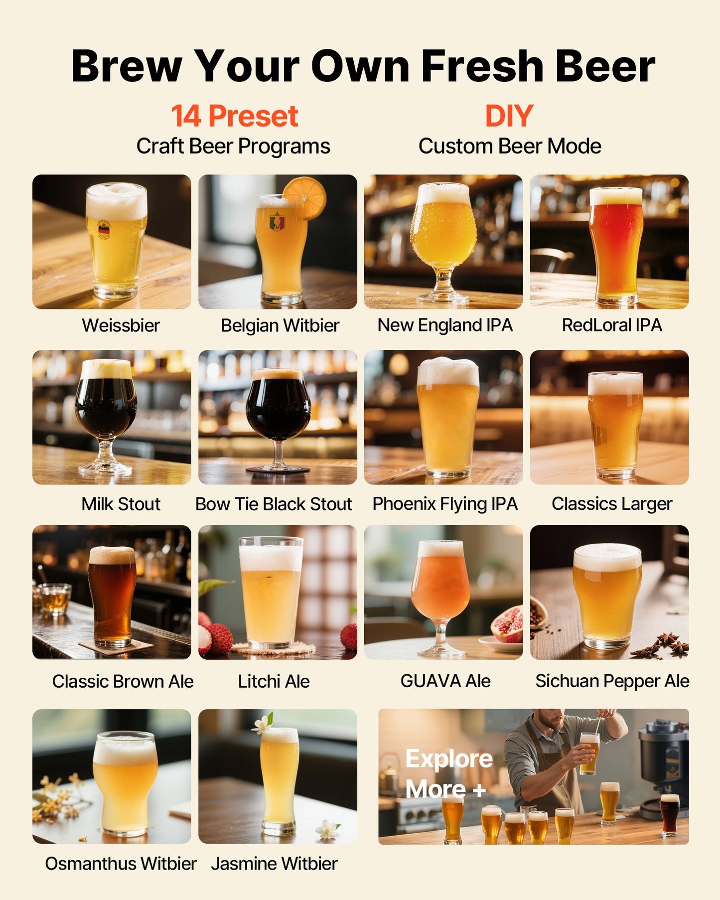 Automatic Home Beer Brewer, 13L All-in-One Home Brew Machine, 1500W Power Electric Beer Brewing Machine with Mash Boil Device, 304 Stainless Steel Inner Tank, Auto Temp & Pressure Control