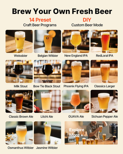 Automatic Home Beer Brewer, 13L All-in-One Home Brew Machine, 1500W Power Electric Beer Brewing Machine with Mash Boil Device, 304 Stainless Steel Inner Tank, Auto Temp & Pressure Control