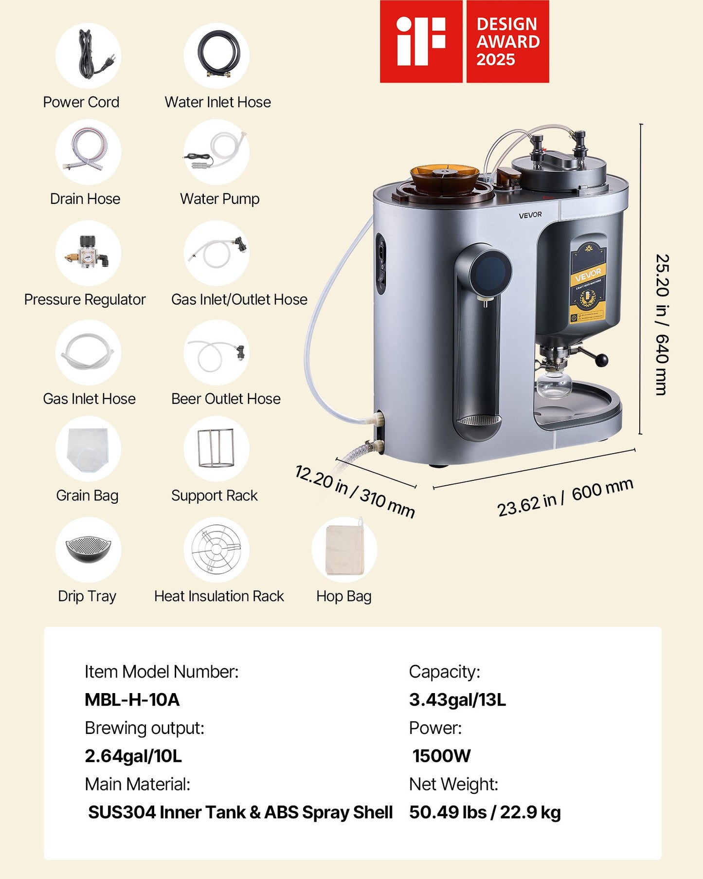 Automatic Home Beer Brewer, 13L All-in-One Home Brew Machine, 1500W Power Electric Beer Brewing Machine with Mash Boil Device, 304 Stainless Steel Inner Tank, Auto Temp & Pressure Control