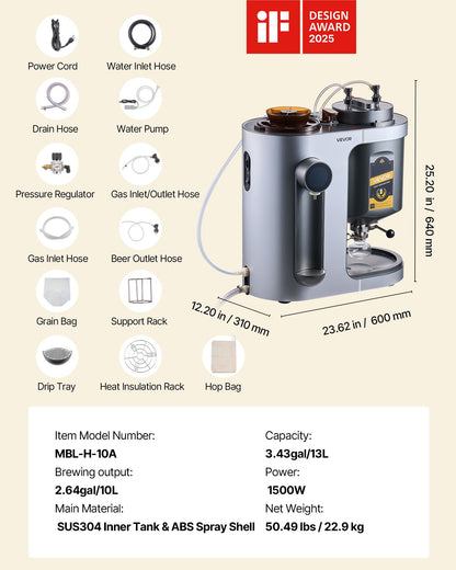 Automatic Home Beer Brewer, 13L All-in-One Home Brew Machine, 1500W Power Electric Beer Brewing Machine with Mash Boil Device, 304 Stainless Steel Inner Tank, Auto Temp & Pressure Control