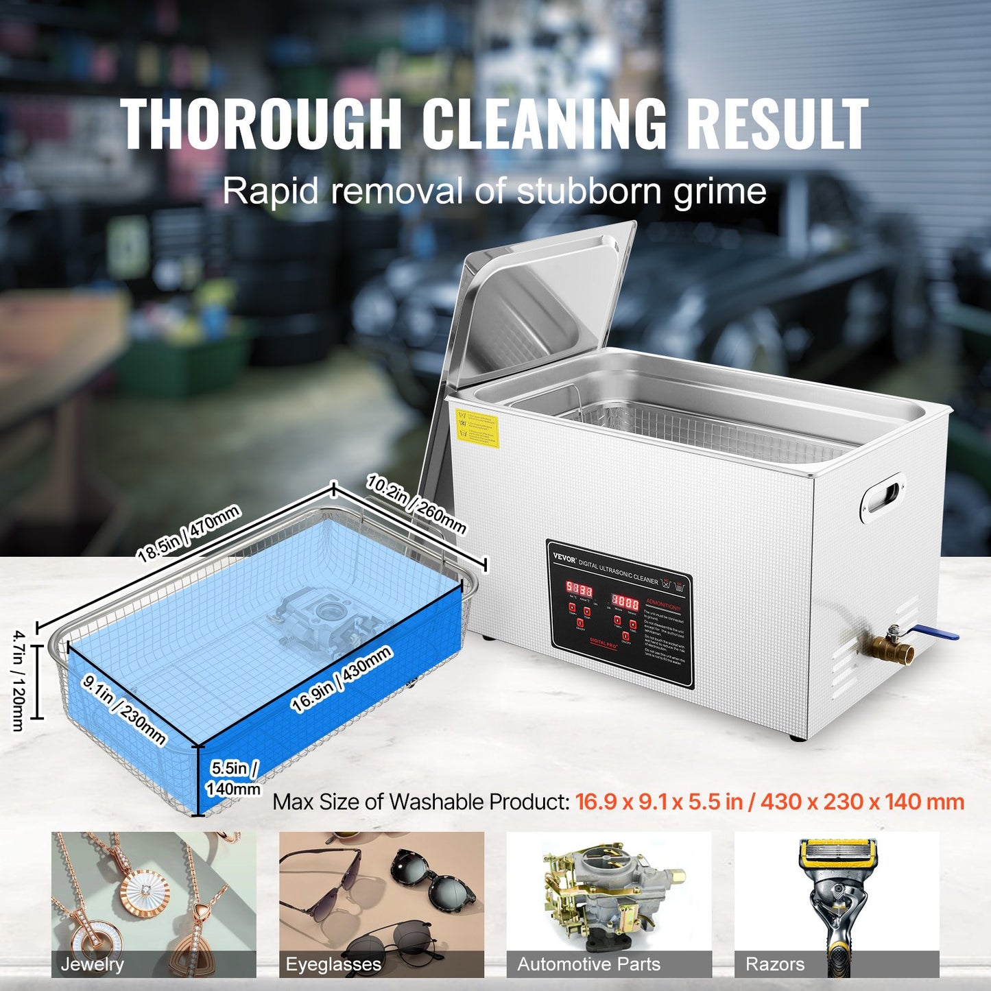 Ultrasonic Cleaner with Digital Timer & Heater, Professional Ultra Sonic Jewelry Cleaner, Stainless Steel Heated Cleaning Machine for Glasses Watch Rings Small Parts Circuit Board (30L)